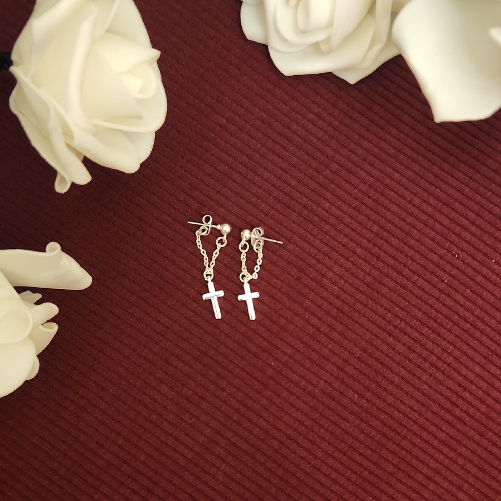 Silver Cross Dangle Earrings